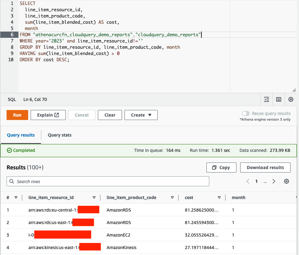 Results from Athena Query showing resources correlated with most expensive cost per month
